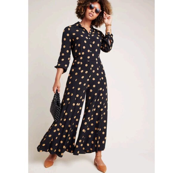 ANTHROPOLOGIE  Loveland Wide-Leg Dot Jumpsuit in Black Size 12 - Picture 2 of 5